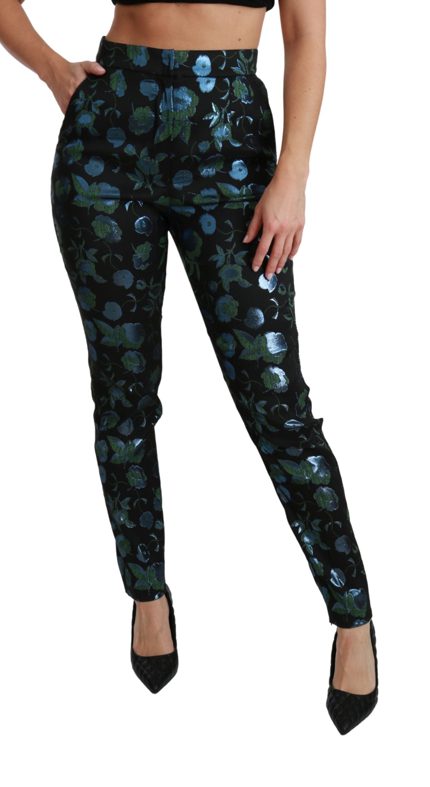Dolce & Gabbana Blue Green Floral Metallic Slim Pants
