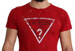 Guess Red Cotton Logo Print Men Casual Top Perforated T-shirt