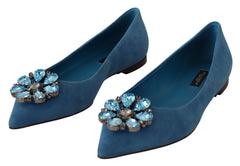 Dolce & Gabbana Blue Suede Crystals Loafers Flats Shoes