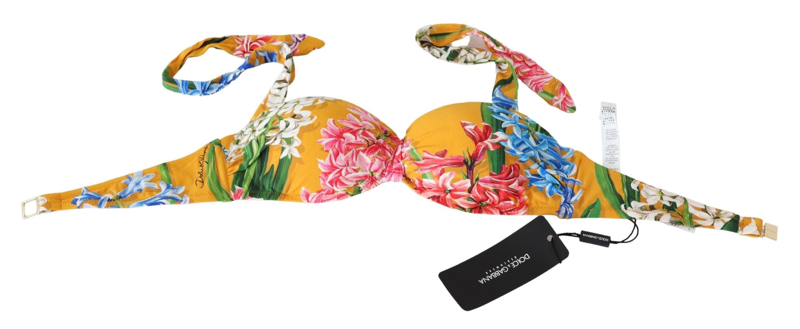 Dolce & Gabbana Yellow Floral Print Swimsuit Beachwear Bikini Tops