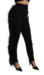 Dolce & Gabbana Black Feather Straight High Waist Wool Pants
