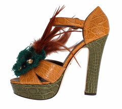 Dolce & Gabbana Orange Leather Crystal Platform Sandal Shoes
